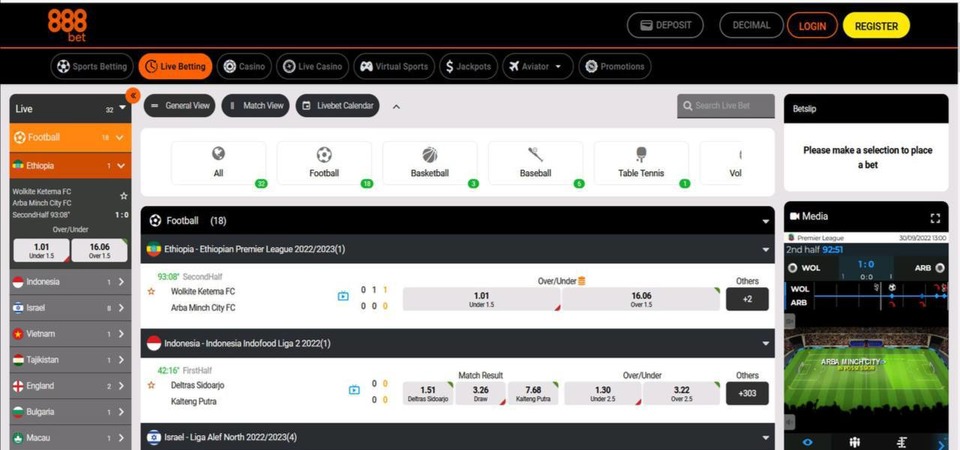 Screenshot of the 888 bet live sport page